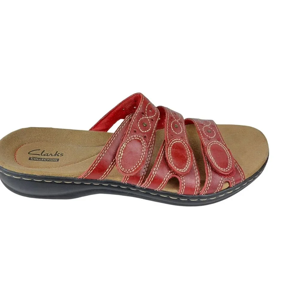 Clarks Red Leather Wedge Sandals Slip On Strappy Cutout Womens Size 9N - Picture 3 of 9